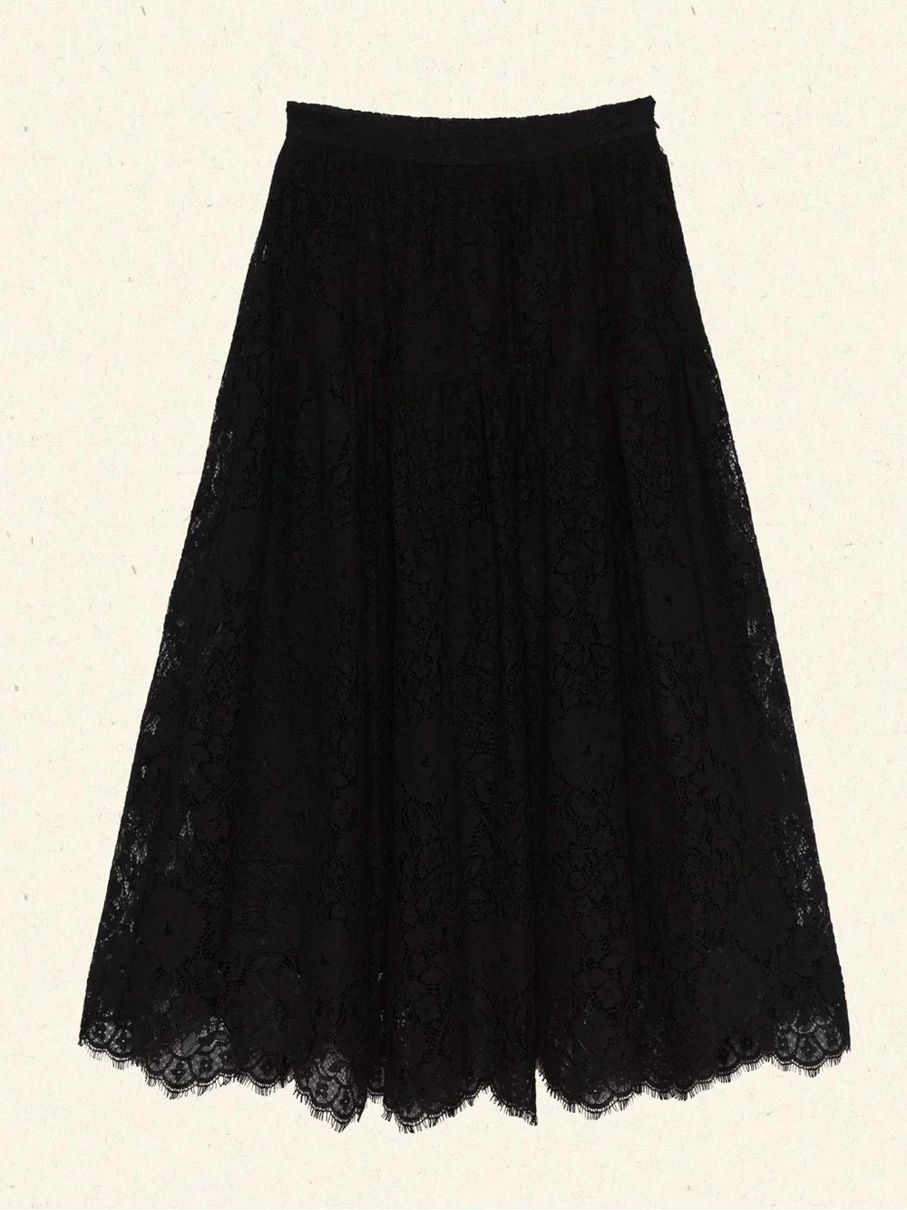 Doen Sebastiane Lace Cotton A Line Trim Tiered Midi Maxi Long Skirt Black